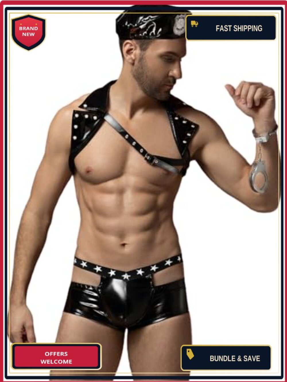 Men's Police Roleplay Costume Set Faux Leather Vest Shorts Handcuff Pajamas
